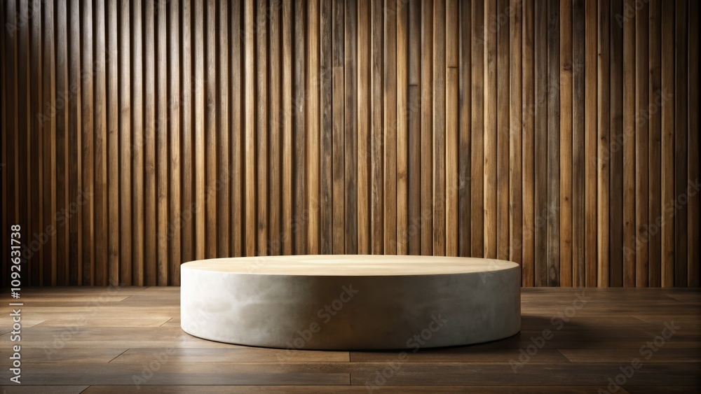 Large Round Pedestal Ideal for Product Display Surrounded by Rich Brown Vertical Wooden Boards in a Minimalistic Setting for Elegant Showcase of Merchandise Large Round Pedestal Ideal for Product Display Surrounded by Rich Brown Vertical Wooden Boards in a Minimalistic Setting for Elegant Showcase of Merchandise