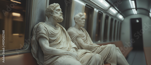 2 ancient statues sitting in the metro; concept of being tired, being trapped, psychology, pattern, adult life, responsibilities, not living full life; panorama view photo