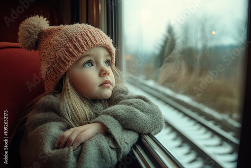 Beautiful little girl with toy looking out train window outside, while it moving. Traveling by railway in Europe. High quality photo photo