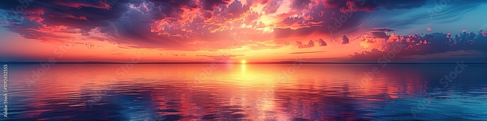 Panoramic Sunset Over a Tranquil Lake with Vibrant Hues of Orange, Pink, and Purple Reflected on the Water Panoramic Sunset Over a Tranquil Lake with Vibrant Hues of Orange, Pink, and Purple Reflected on the Water