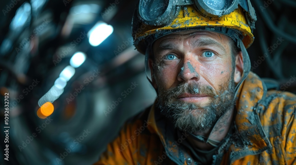 Miner Wearing Hard Hat and Safety Gear, Working with Pickaxe in Dimly Lit Underground Tunnel Miner Wearing Hard Hat and Safety Gear, Working with Pickaxe in Dimly Lit Underground Tunnel