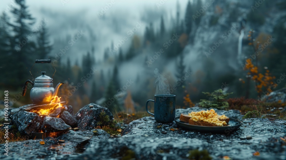 Morning Campsite Scene with Boiling Kettle, Hot Coffee, and Scrambled Eggs in a Misty Forest Morning Campsite Scene with Boiling Kettle, Hot Coffee, and Scrambled Eggs in a Misty Forest
