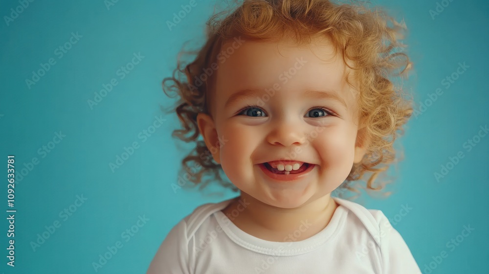 A joyful baby with curly hair smiles brightly against a blue background. A joyful baby with curly hair smiles brightly against a blue background.