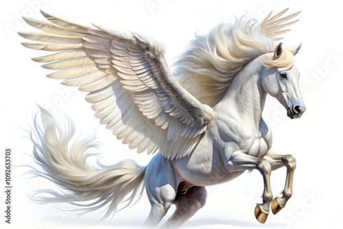 Majestic Close-Up of a Pegasus Isolated on White Background, Showcasing Its Ethereal Features and Magical Aura in Panoramic Perspective for Fantasy-Themed Projects