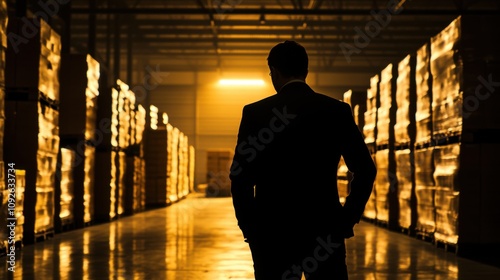 Silhouette of Businessman in Warehouse, Logistics, Inventory Management photo