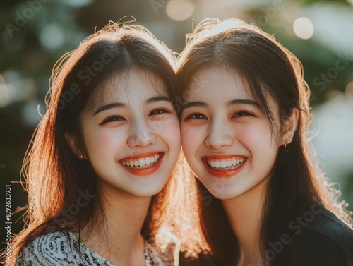 Two smiling young women sharing a joyful moment outdoors. photo