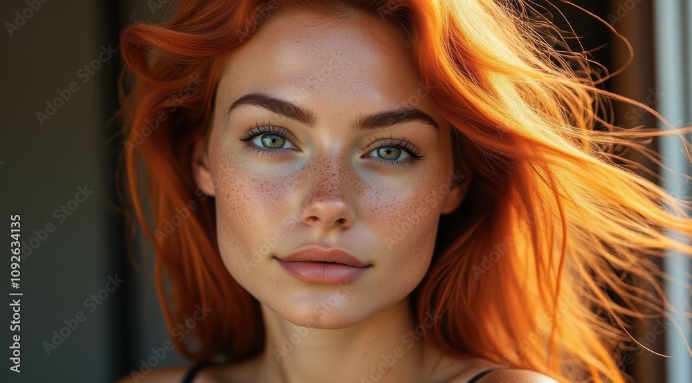Freckled redhead woman with striking green eyes Freckled redhead woman with striking green eyes