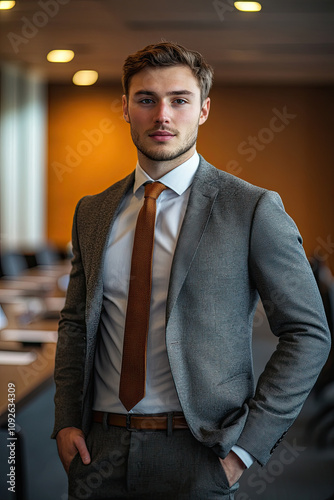 Businessman with a calm expression, standing near a conference table photo