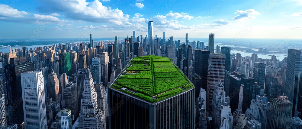 A stunning aerial view of a skyscraper with a green rooftop, showcasing ...