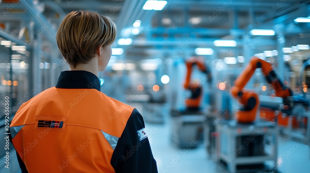 Female engineer observing robotic arms in a factory. Female engineer observing robotic arms in a factory.