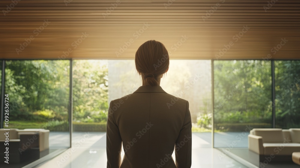 A person stands in a modern space, gazing out at a lush, green landscape. A person stands in a modern space, gazing out at a lush, green landscape.
