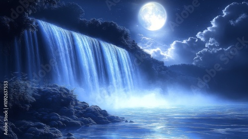 A Serene Waterfall Under a Full Moon at Night