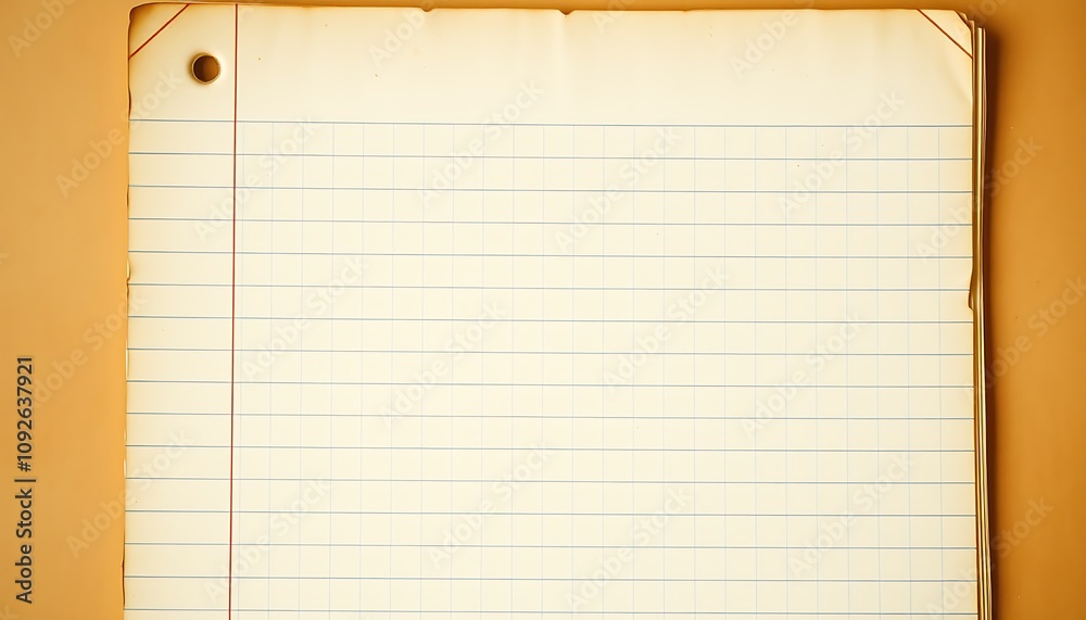 Obraz premium A vintage, worn, and weathered lined notebook page, with yellowed paper, faded ink lines, and a few scattered coffee stains, set against a warm, soft, and calming background.