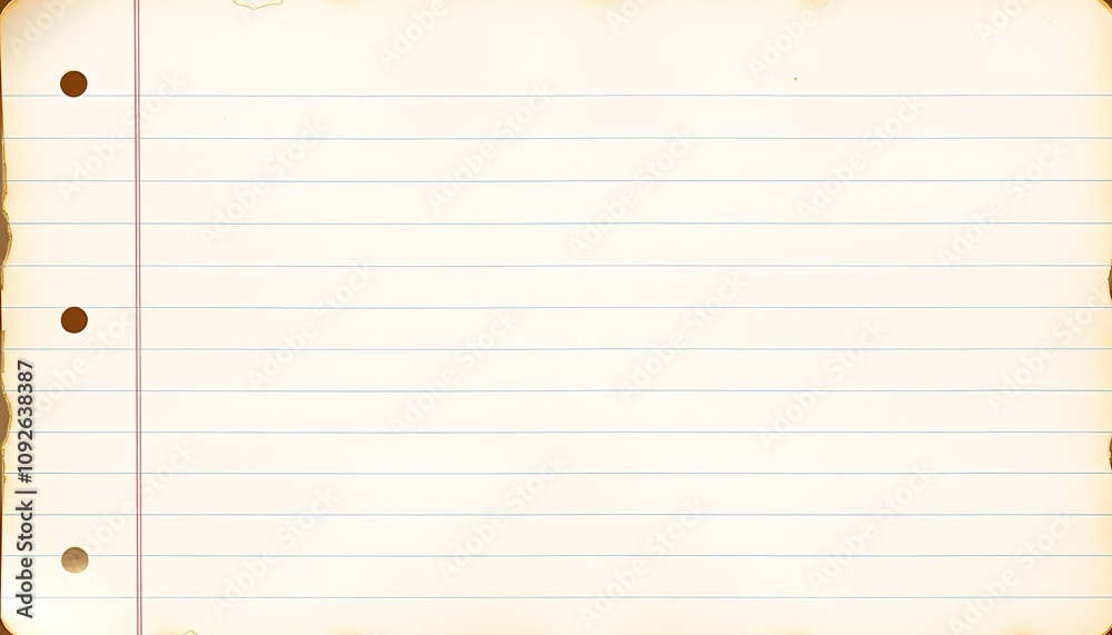 Obraz premium A vintage, worn, and weathered lined notebook page, with yellowed paper, faded ink lines, and a few scattered coffee stains, set against a warm, soft, and calming background.