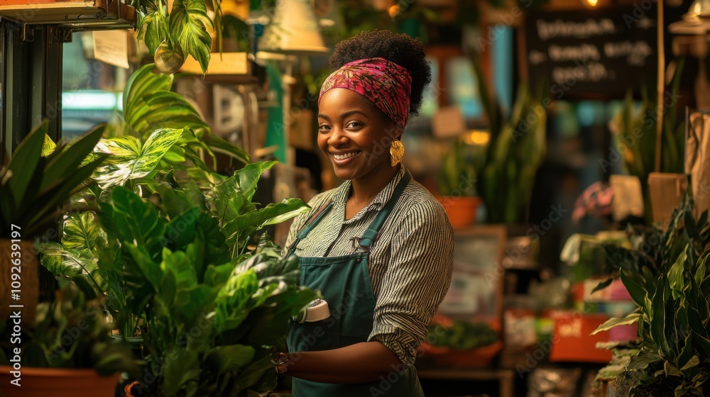 Smiling Florist Among Lush Green Plants in a Flower Shop Smiling Florist Among Lush Green Plants in a Flower Shop