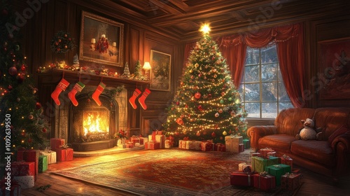 A cozy living room decorated for Christmas with a fireplace, a Christmas tree, and presents.