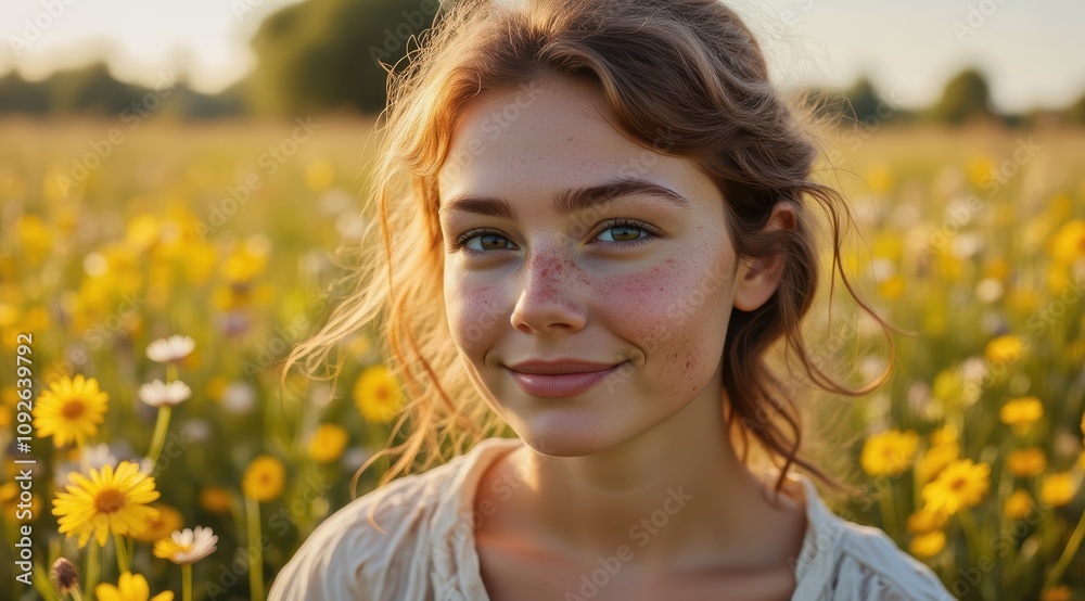 Smiling young woman in a flower field Smiling young woman in a flower field