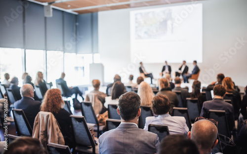Bild auf Leinwand Interview and round table discussion at business convention and presentation