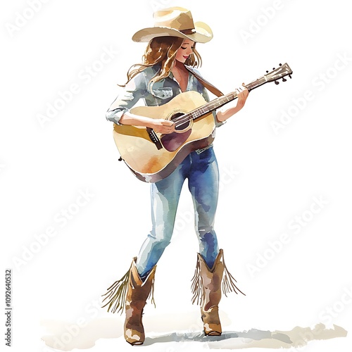 Watercolor Painting of a Cowgirl Playing Acoustic Guitar.