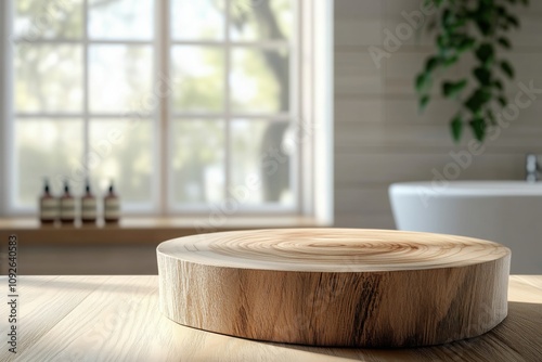 Wooden podium on table in bright bathroom with nature view through window, ideal for showcasing beauty or wellness products