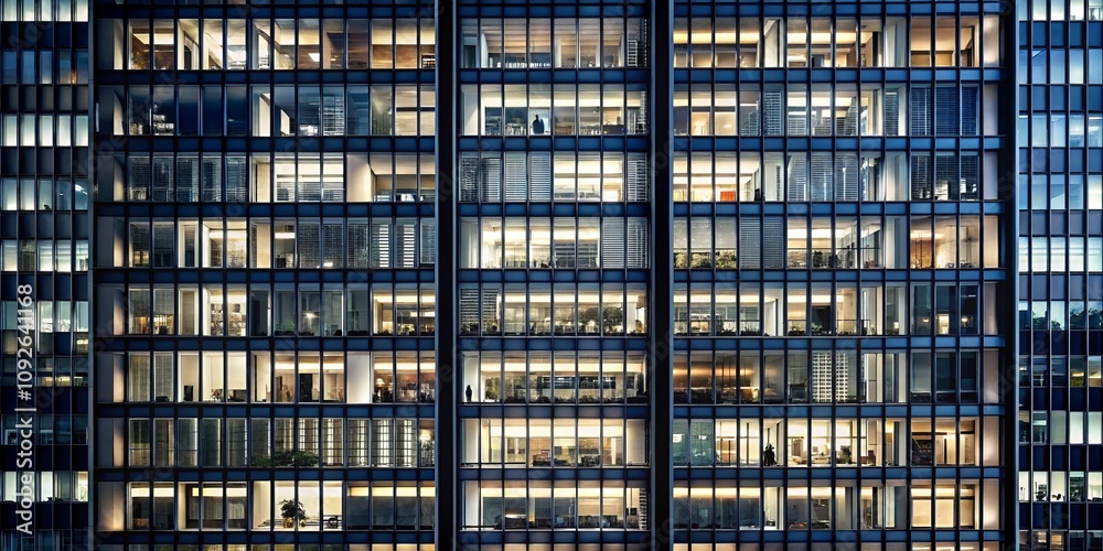 Nighttime Skyscraper Facade with Glowing Windows and Blinds - Modern Abstract Office Building Texture Against Dark Exterior Walls in High Resolution 3D Rendering Nighttime Skyscraper Facade with Glowing Windows and Blinds - Modern Abstract Office Building Texture Against Dark Exterior Walls in High Resolution 3D Rendering