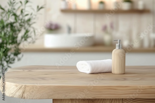 Tranquil spa-like setting with wooden soap dispenser and neatly rolled white towel on natural wood table in modern bathroom