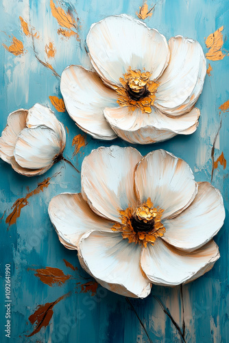 White 3D flowers with gold accents on a blue background, Painting done with oil paints