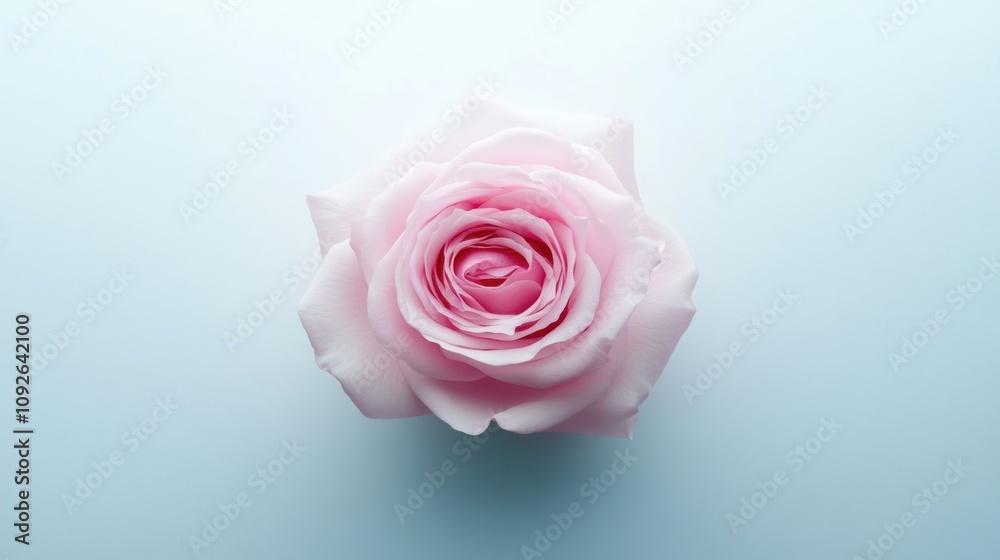 A close-up of a delicate pink rose against a soft blue background. A close-up of a delicate pink rose against a soft blue background.