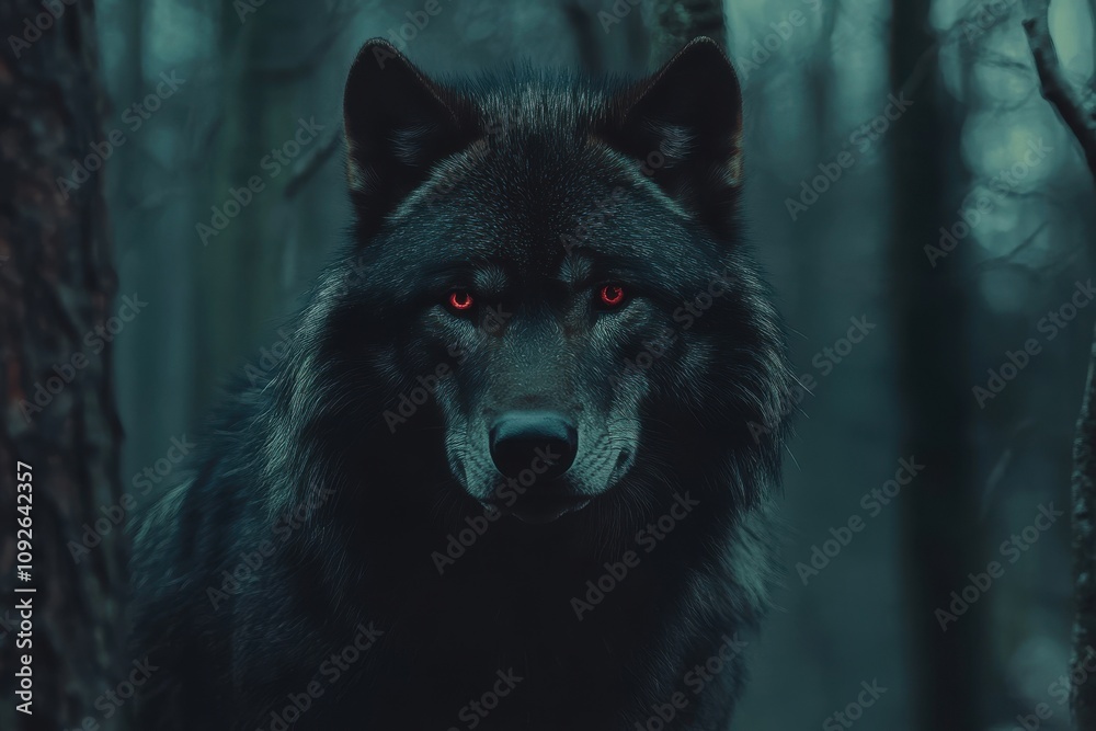 In the dim, haunting woods, a werewolf with striking red eyes stands still and silent In the dim, haunting woods, a werewolf with striking red eyes stands still and silent