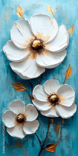 White 3D flowers with gold accents on a blue background, Painting done with oil paints