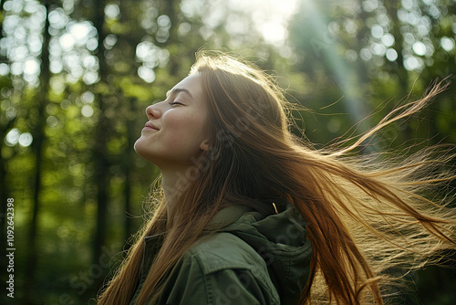 Alone Young woman with long fluttering hair express emotions in forest photo