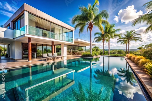 Wallpaper Mural Serene Tropical Escape: A Stunning Portrait of a Large Pool Nestled Against a Modern House Surrounded by Lush Palm Trees in a Picturesque Setting Torontodigital.ca