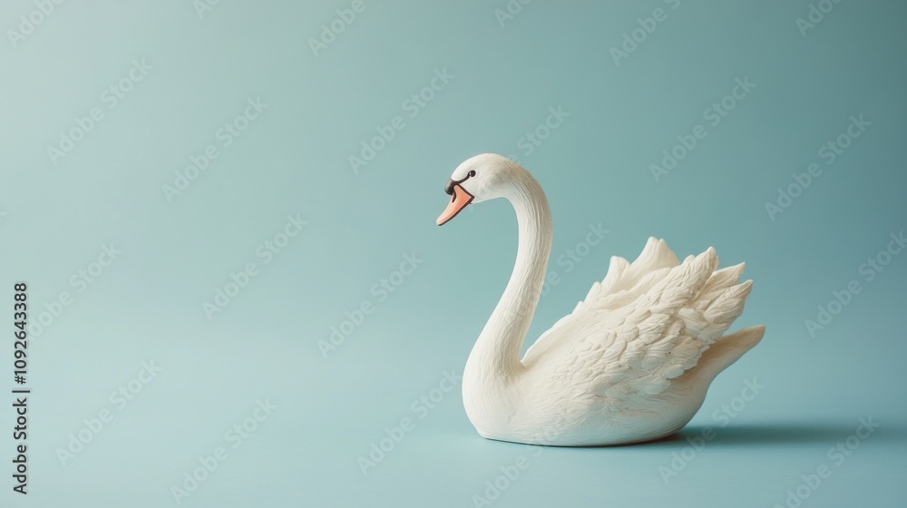 Naklejka premium A white swan figurine against a soft blue background, emphasizing elegance and tranquility.