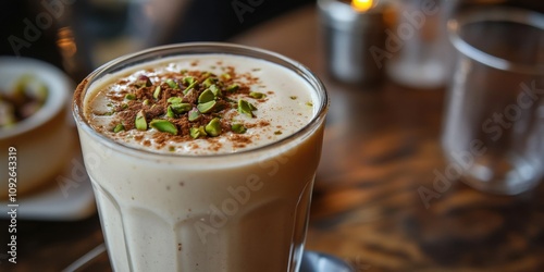 A creamy glass of sahlab, topped with cinnamon powder and crushed pistachios, cozy setting