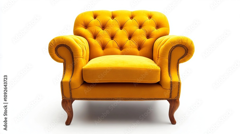 Retro Style Yellow Upholstered Armchair with Wooden Legs Retro Style Yellow Upholstered Armchair with Wooden Legs