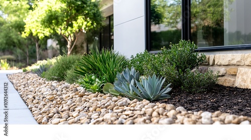 Modern landscaping with succulents and gravel pathway.