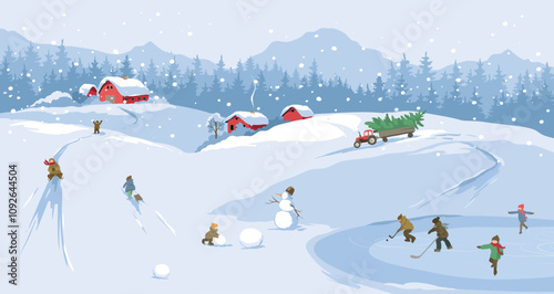 Fun winter games for children -- sledding and skating, Christmas time. Abstract winter rural landscape with old village. Freehand drawing, vector illustrations