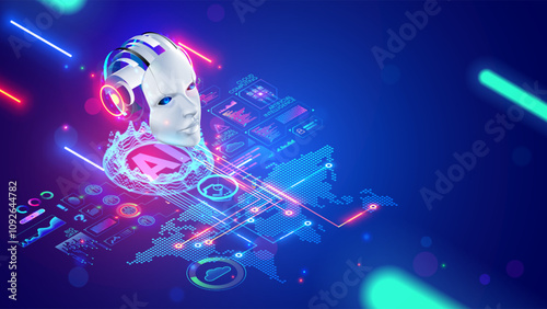 AI chat bot technology concept. Robot, chat bot head hanging over digital map of world. Development Artificial intelligence support service. AI chatbot support online users all world through internet.