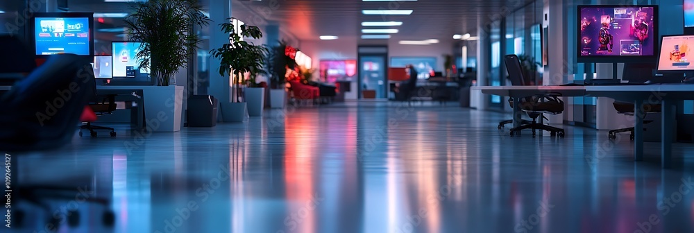 Modern office at night, empty desks and glowing screens. Modern office at night, empty desks and glowing screens.