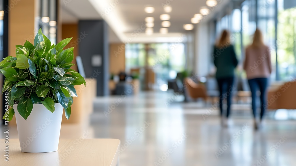 Modern office lobby with plant, blurred women walking.