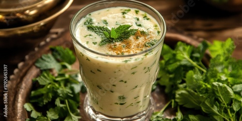 A glass of buttermilk (chaas) with mint leaves and cumin powder, served with a side of fresh herbs photo