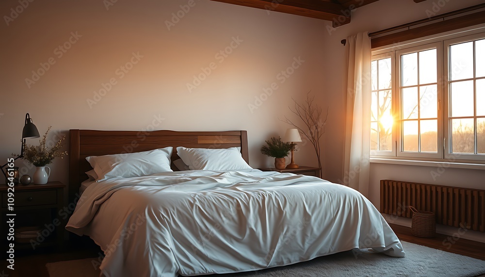 A serene autumnal bedroom scene: a rustic wooden bed frame stands proudly, draped in crisp white linens. A serene autumnal bedroom scene: a rustic wooden bed frame stands proudly, draped in crisp white linens.