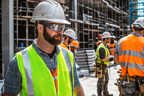 Workers in hard hats and safety vests installing roofing materials image photo