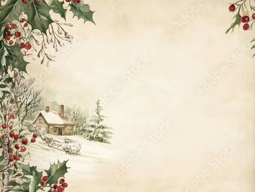 Christmas card with holly and mistletoe, small snow-covered cottage, vintage watercolor style.