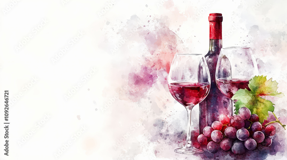 Obraz premium Watercolor image of wine bottle and glasses with grapes, light background. Copy space. Winery invitation. Generative AI