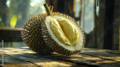 prickly yellow hedgehog-like fruit called durian photo