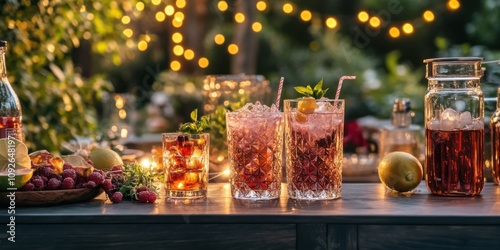 A modern garden party scene with an assortment of non-alcoholic beverages on a chic table, fairy lights in the background