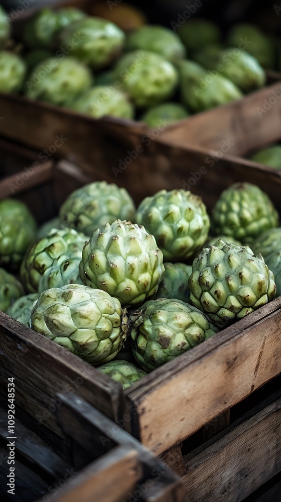 Obraz premium Custard apples in a wooden box at the market, with the focus on the green fruit with a hard skin and soft texture