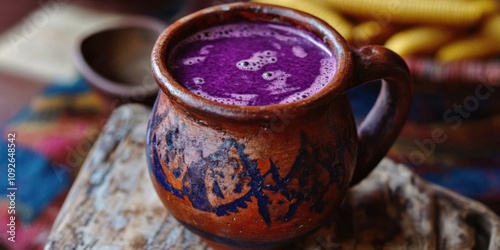 A Peruvian chicha morada drink made from purple corn, served in a rustic clay mug photo