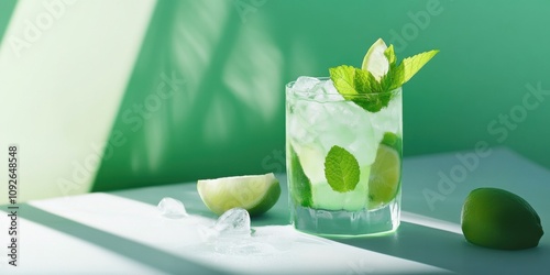 A mojito-inspired mocktail with muddled mint leaves, lime wedges, and crushed ice, minimalistic background photo